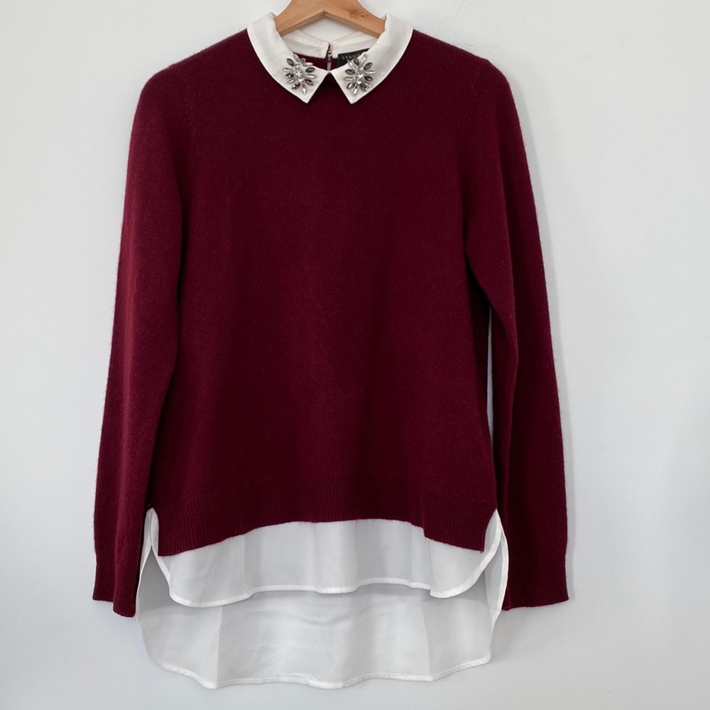 Charter Club Luxury Cashmere Jewel Burgundy White Layer Knit Sweater
